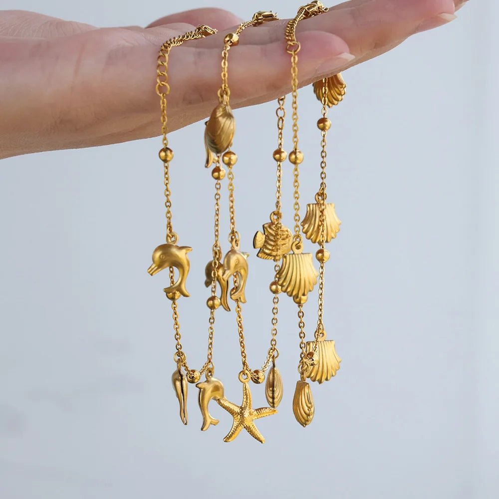 316L Stainless Steel Starfish Shell Charms Anklet For Women Fashion Gold Color Chain Summer Beach Aesthetic Jewelry Accessories