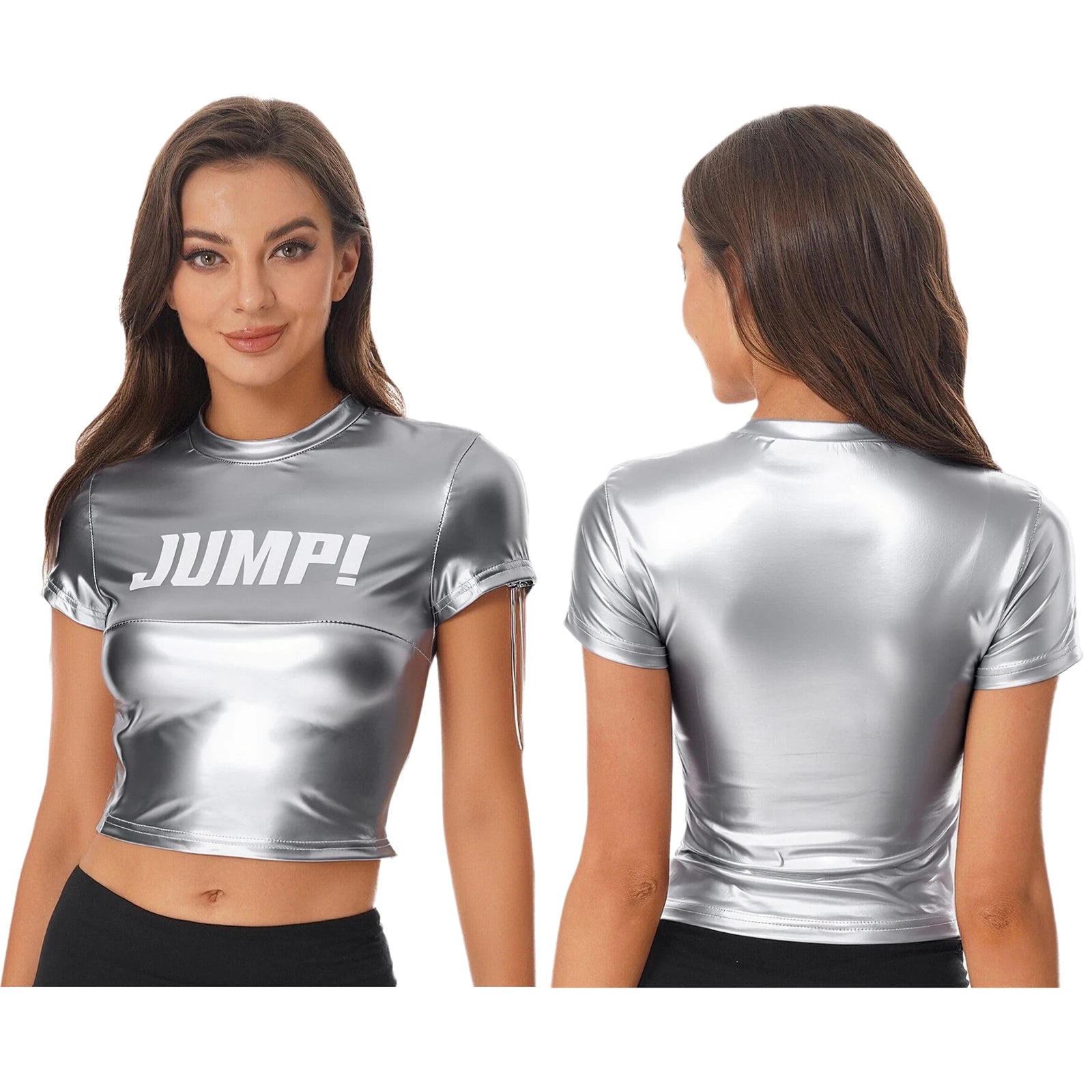 Haut court élégant et brillant à imprimé lettre pour femme, pour festival, fête, col rond, manches courtes, pull, chemise courte et ajustée pour club