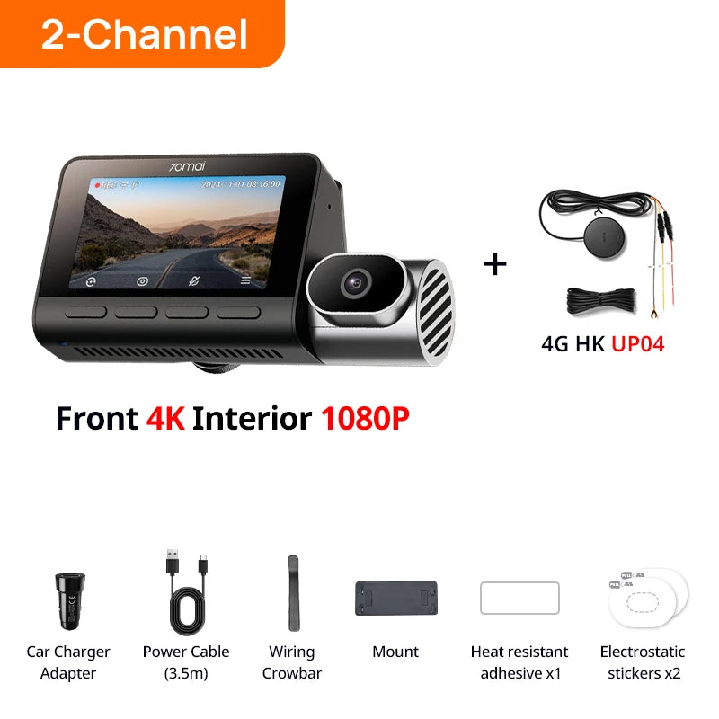 70mai T800 3-Channel HDR Car DVR Front 4K+Rear 4K/1080P+Interior 1080P Voice Control Super Capacitor GPS ADAS Support 4G Wifi 6