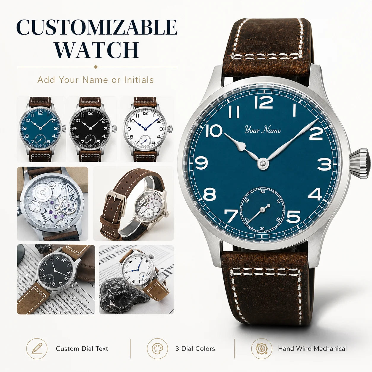 Custom CORGEUT ST3621 Mechanical Hand Wind Watch Men 42mm Personalized Name Dial Sapphire Crystal Vintage Pilot Leather Strap