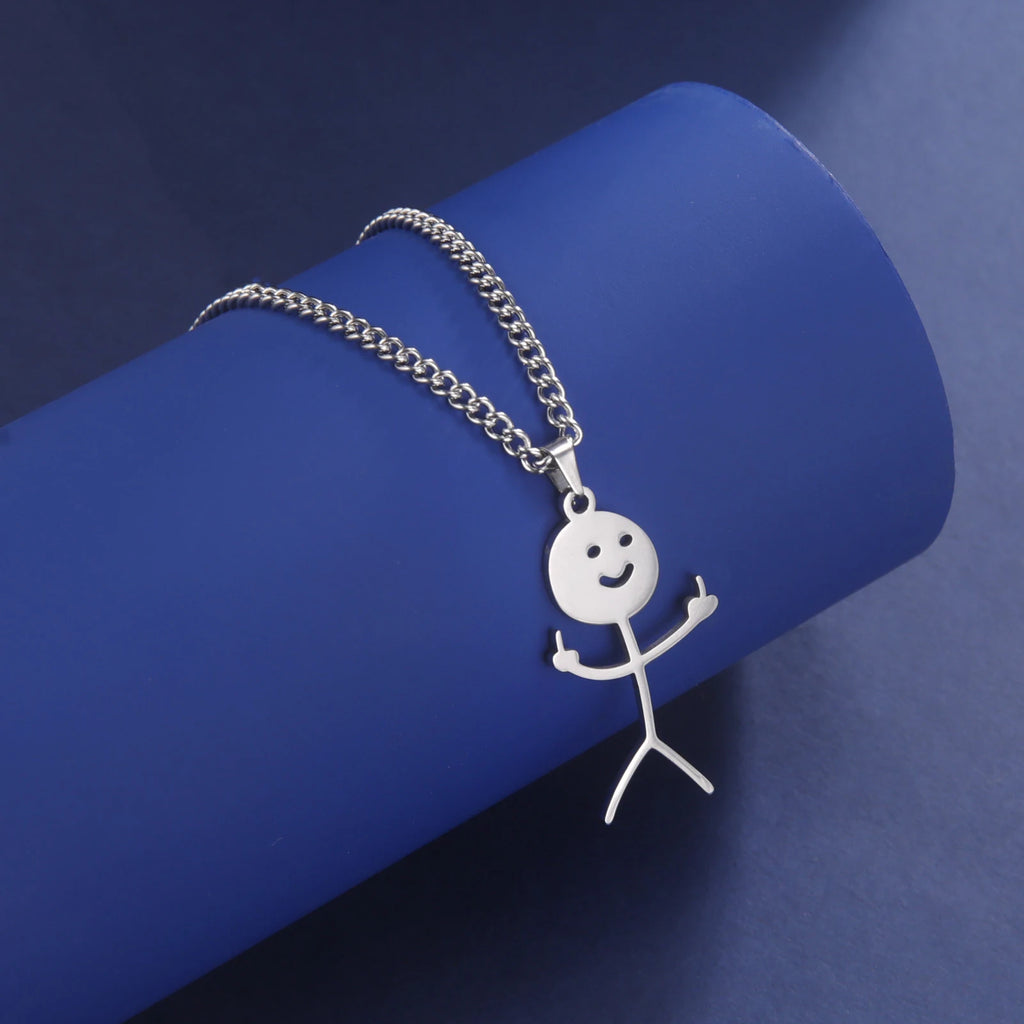 Skyrim Hip Hop Doodle Necklace for Men Women Stainless Steel Long Neck Chain Fashion Middle Finger Stickman Jewelry New