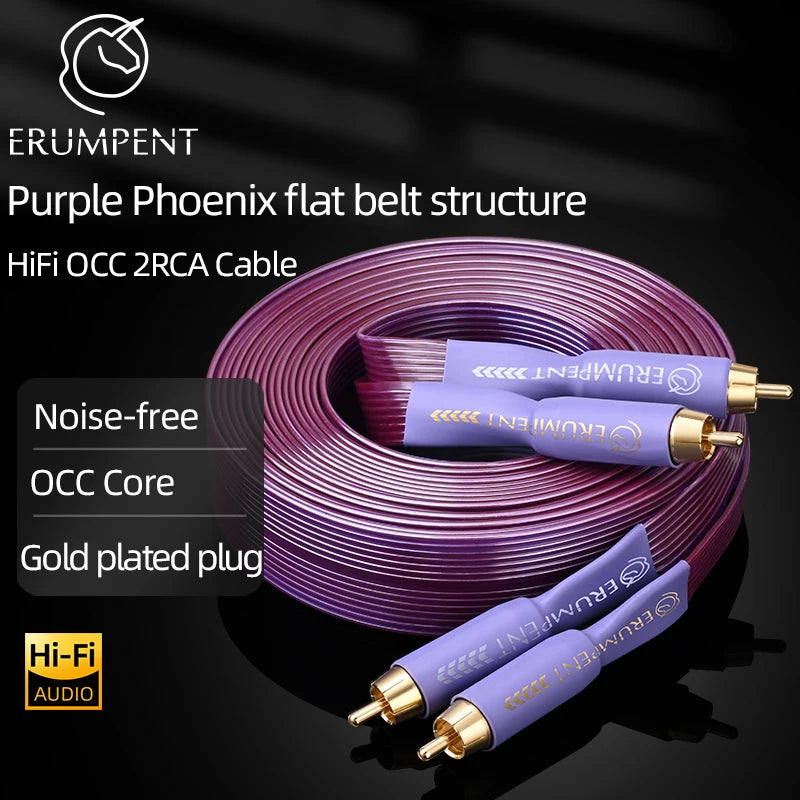 Câble HiFi ERUMPENT OCC 2RCA Bande plate en cuivre pur haut de gamme avec fiches mâles 2RCA plaquées or Câble audio 2RCA vers 2RCA pour amplificateur CD