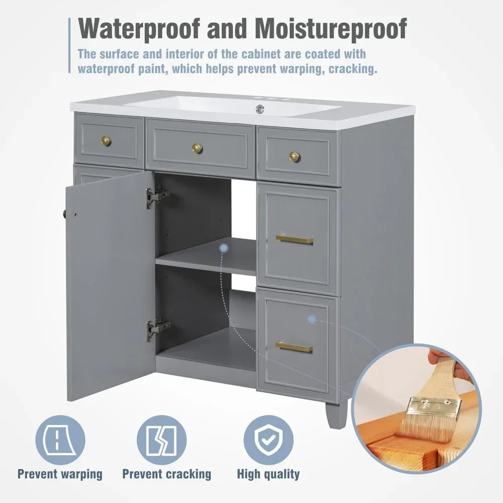 36" Bathroom Vanity with Sink Top, Solid Wood Bathroom Cabinet with Undermoun