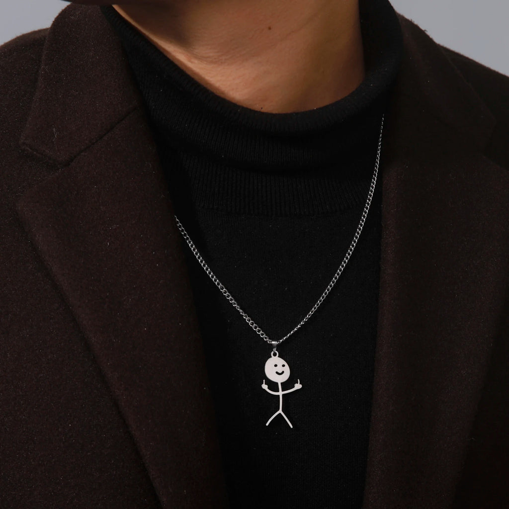 Skyrim Hip Hop Doodle Necklace for Men Women Stainless Steel Long Neck Chain Fashion Middle Finger Stickman Jewelry New