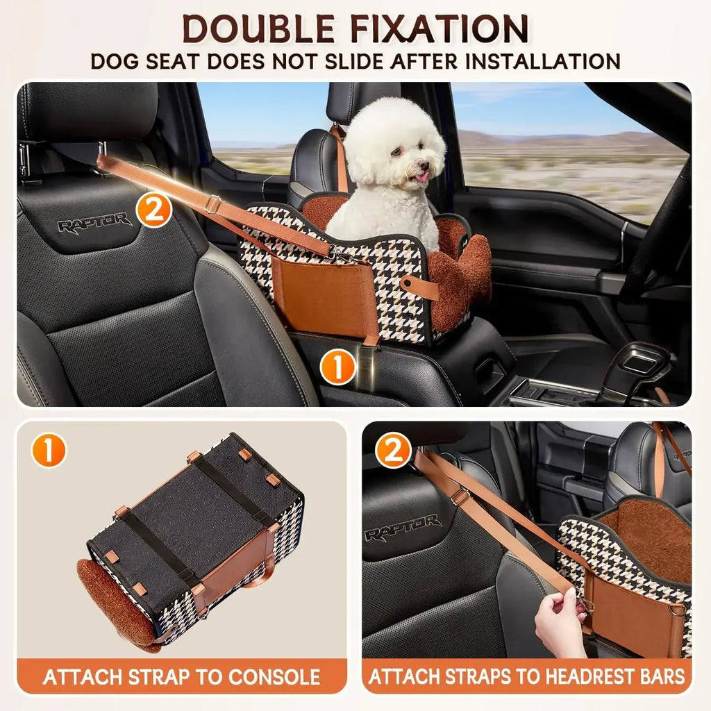 Luxury Houndstooth Pet Car Seat Oversized Booster Kennel Central Control Armrests Breathable Portable Fiber Bed Dogs