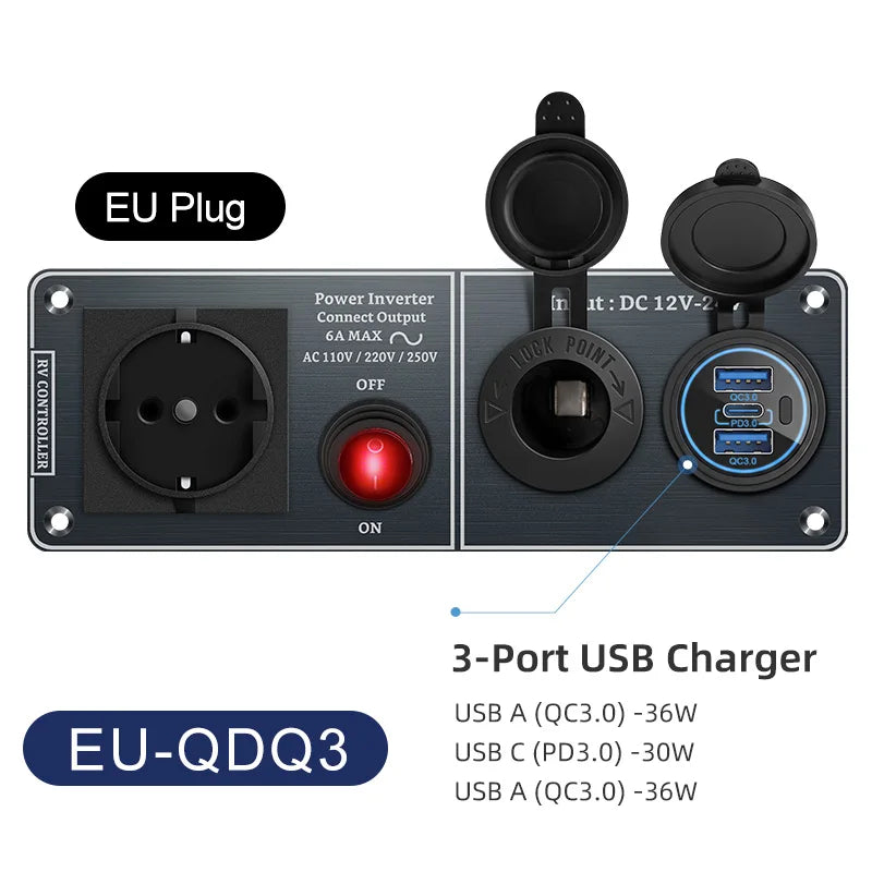 Car Charger Multi-Functions Aluminum Panel Inverter AC110V 220V Dual Port USB QC3.0 12V 24V for RV Yacht Travel Trailers