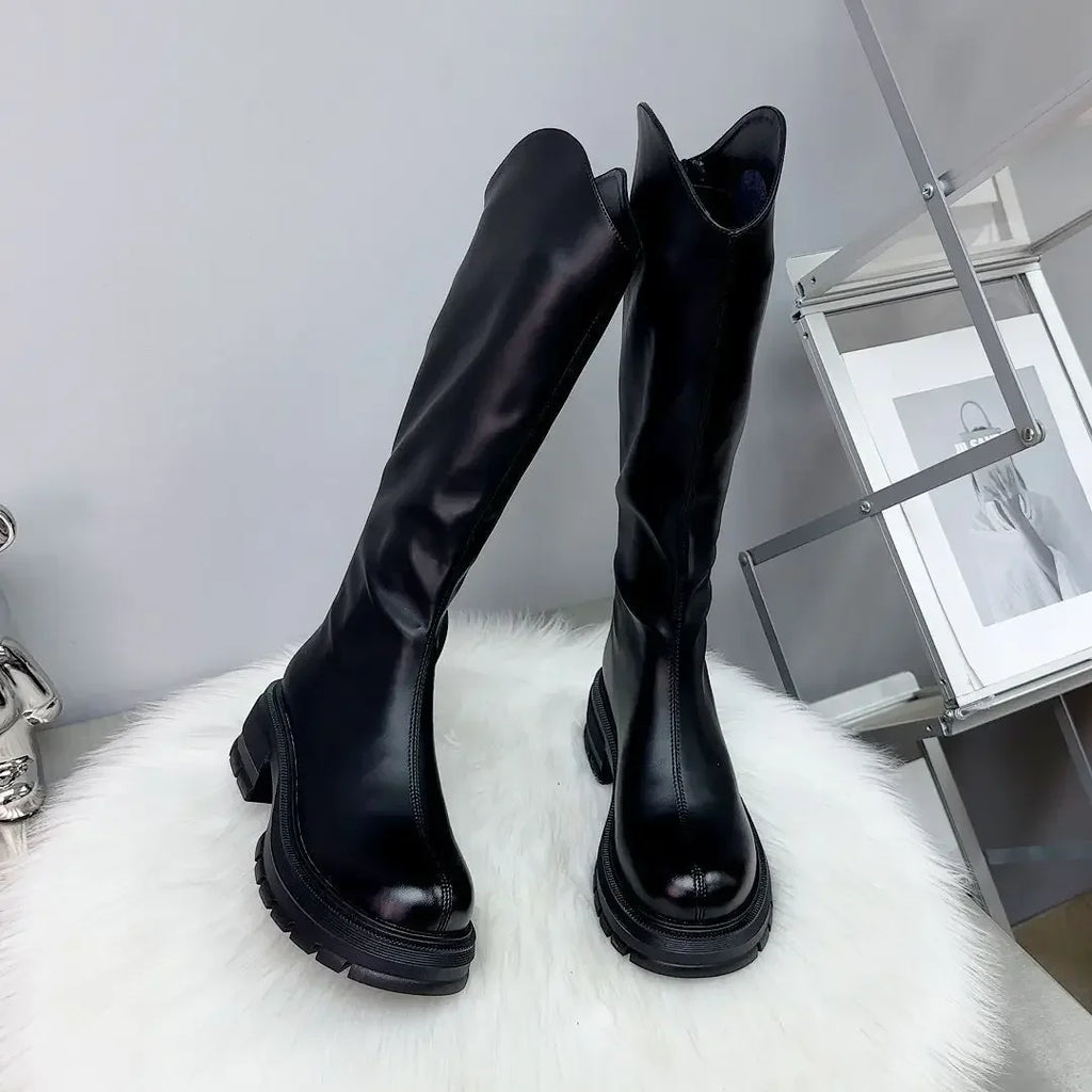 2025 Woman's Boots Autumn New Fashion Platform Long Pipe Knight Boots Casual Women's Medium Heel Knee High Boots Botas Mujer