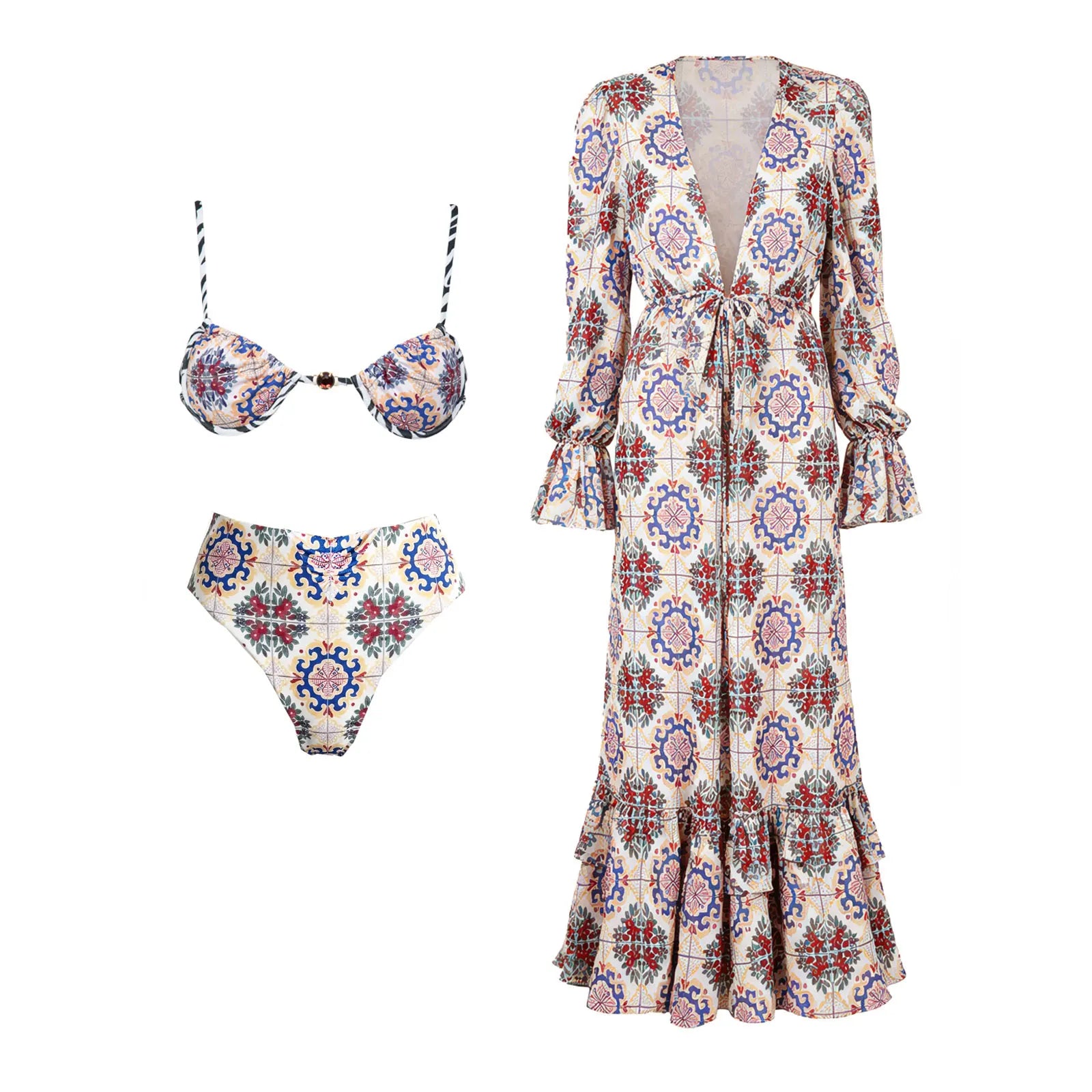 Maillot de bain 3 pièces push-up 2026 à imprimés rétro avec pantalon en maille, maillot de bain sexy pour femme, paréo de plage à bretelles
