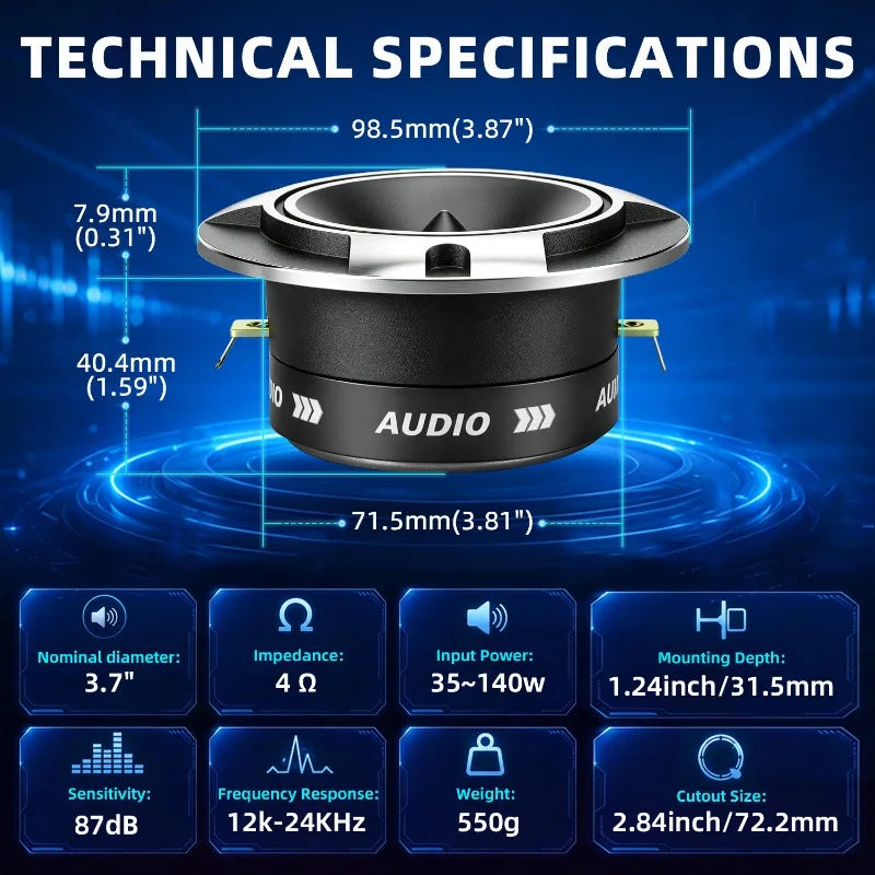2pcs 3.7 Inch Tweeter High Quality 600W Car Speakers 4 Ohm 70 Magnetic High Power Car Horn Bullet Tweeter Car Audio Accessories