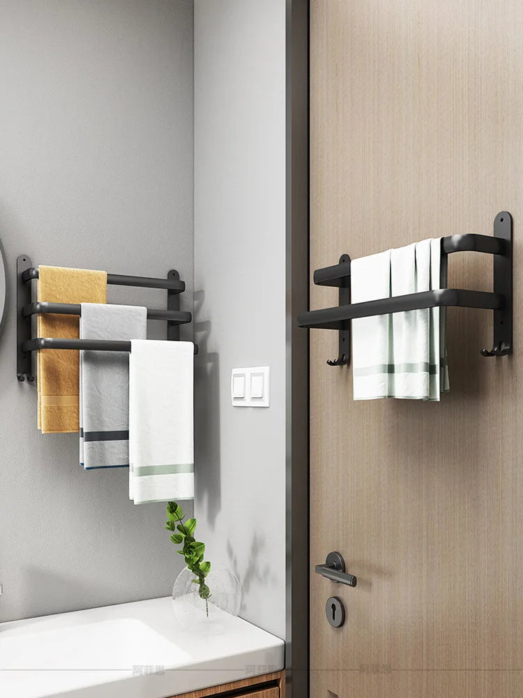 30-50CM Wall Mounted Towel Hanger Towel Rack Bathroom Accessories Aluminum Towel Bar Rail Matte Black Shower Towel Holder Hook