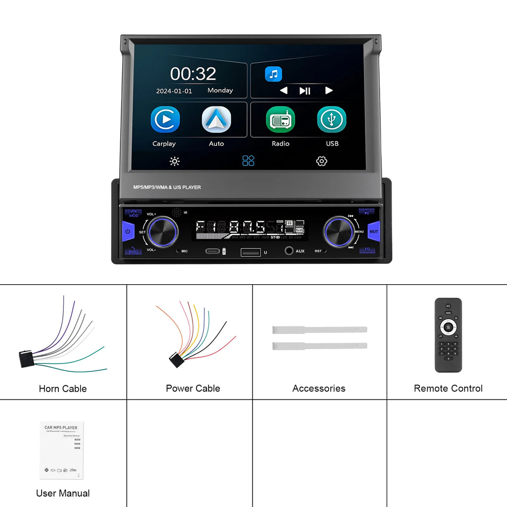 Podofo 7'' 1Din Retractable Screen EQ Sound FM/AM/RDS Multimedia Player Carplay Android Auto Bluetooth Type-C USB SWC Car Audio