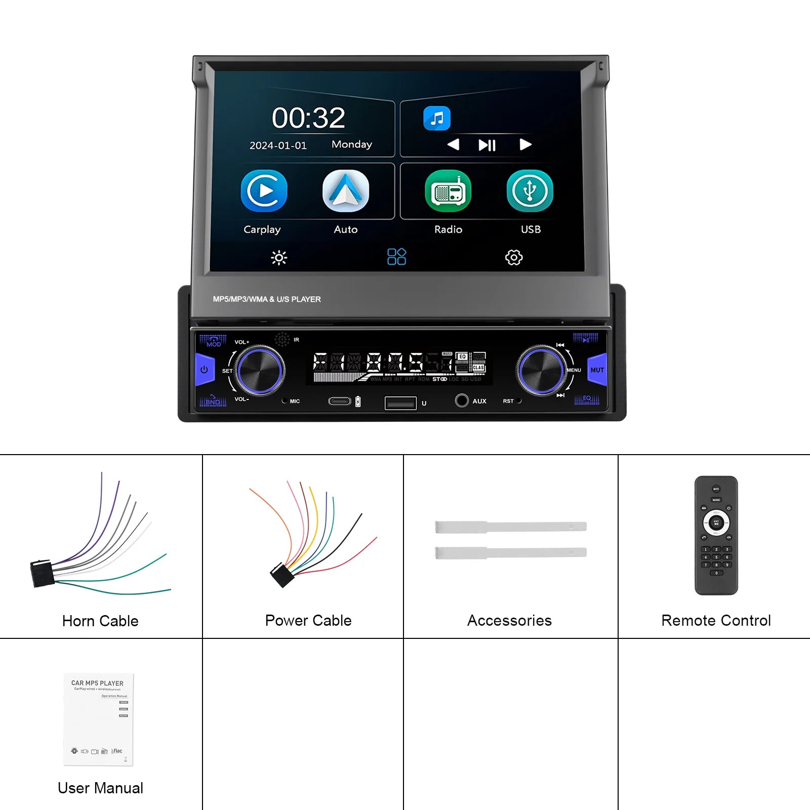 Podofo 7'' 1Din Retractable Screen EQ Sound FM/AM/RDS Multimedia Player Carplay Android Auto Bluetooth Type-C USB SWC Car Audio
