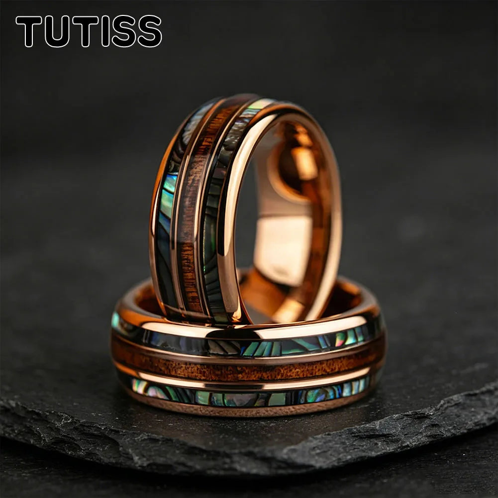 8mm Whiskey Barrel Abalone Shell Inlaid With Rose gold Tungsten Wedding Ring, Polished Edge, Couple Engagement Anniversary Gift
