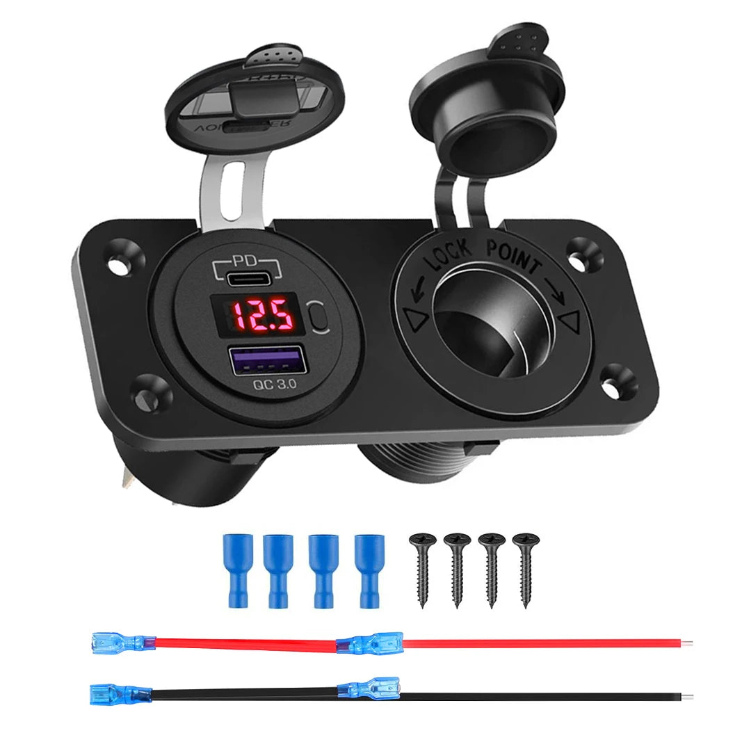 12V USB Outlet Marine Panel PD Type C QC3.0 USB Ports Car Charger with LED Voltmeter Power Switch Cigarette Lighter Socket