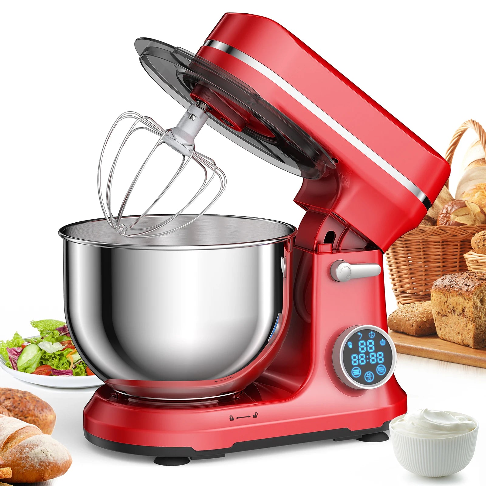 Robot pâtissier BioloMix, moteur DC 1200W 11 vitesses, écran OLED numérique, batteur électrique avec crochet pétrisseur, fouet