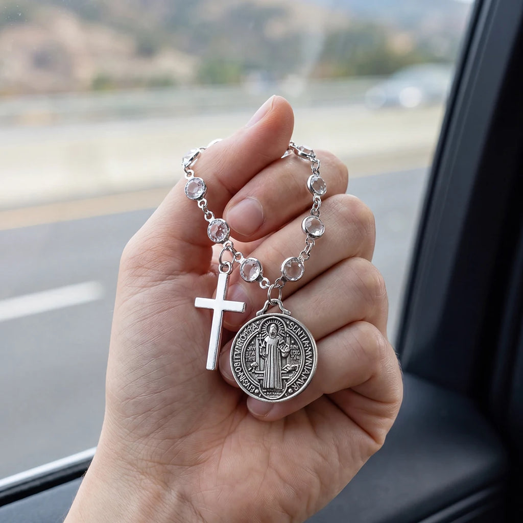 Catholic Protection Rosary Car Accessory St. Benedict Medal & Cross Pendant For Auto Interior Decor Religious Protection Pendant