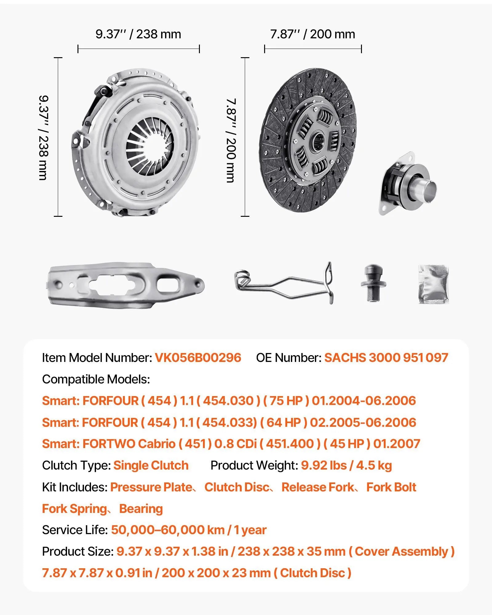 Clutch Kit with Pressure Plate, Oem Replacement Drive Clutch, Compatible with Smart Forfour (75 Hp)