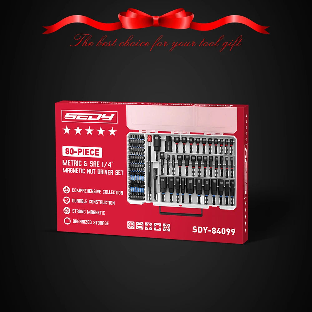 SEDY 80-Piece Premium Magnetic Impact Nut Driver Set Metric & SAE with Socket Adapters, Bit Holder, Wing Nut Driver, Power Bits
