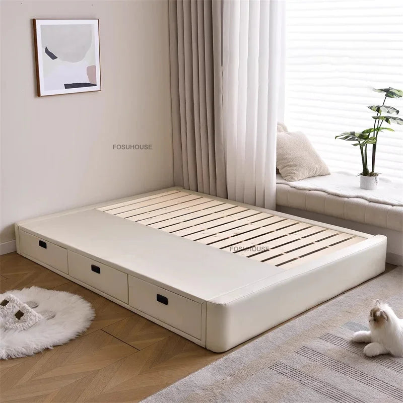 Tatami Storage Slatted Bed Small Apartment Bed Frames Home Floor-standing Solid Wood Leather Bed Frame Luxury Bedroom Furniture