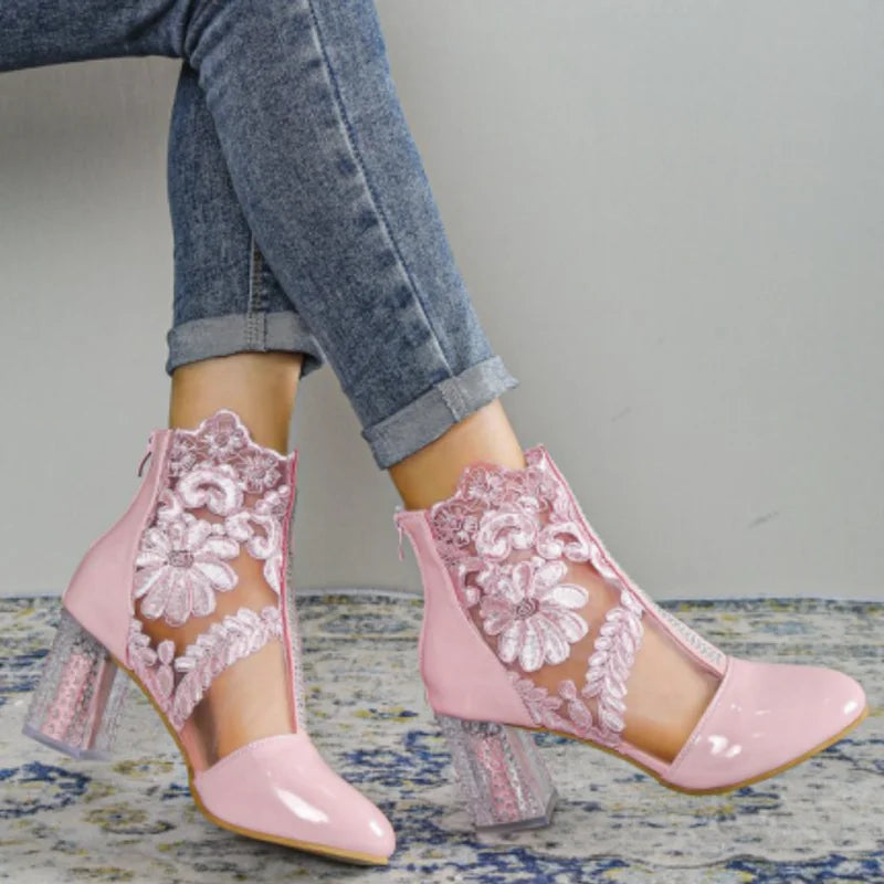 NEW Ethnic Style Women Retro Lace Embroider High Heels Ankle Boots Spring Autumn Round Toe Platform Cool Boot Thick Heeled Pumps