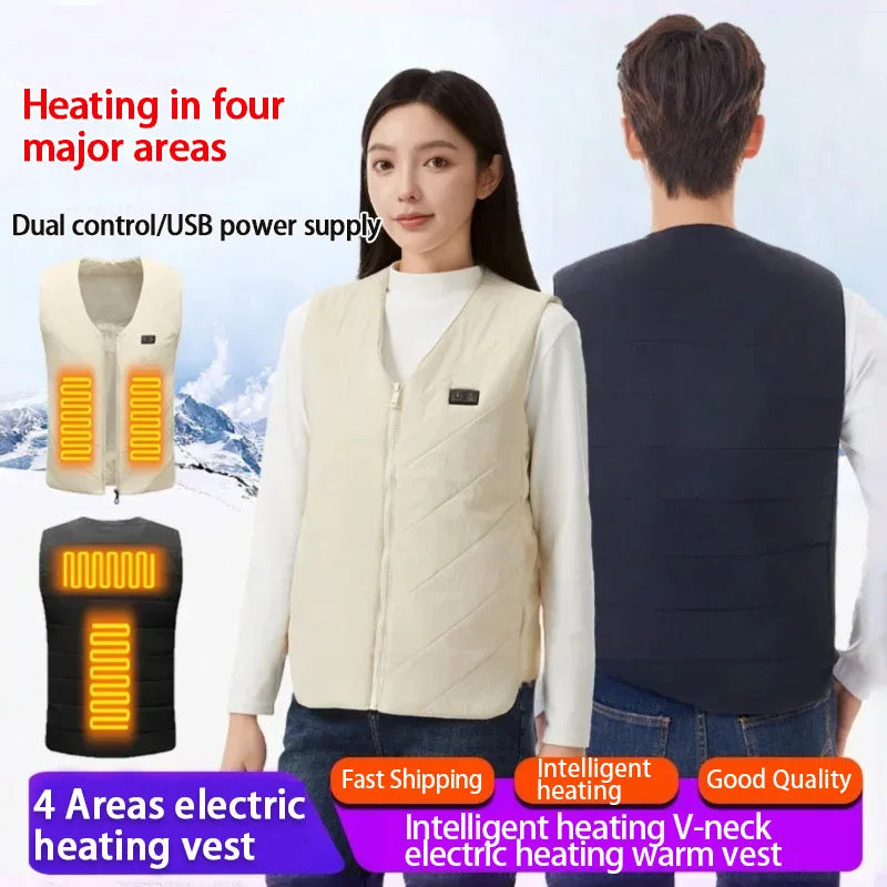 Gilet Chauffant Électrique Intelligent d'Hiver pour Femme, 4 Zones, Style Couple Col en V, Chargement USB, Gilet Chauffant, Veste Thermique Chaude d'Extérieur