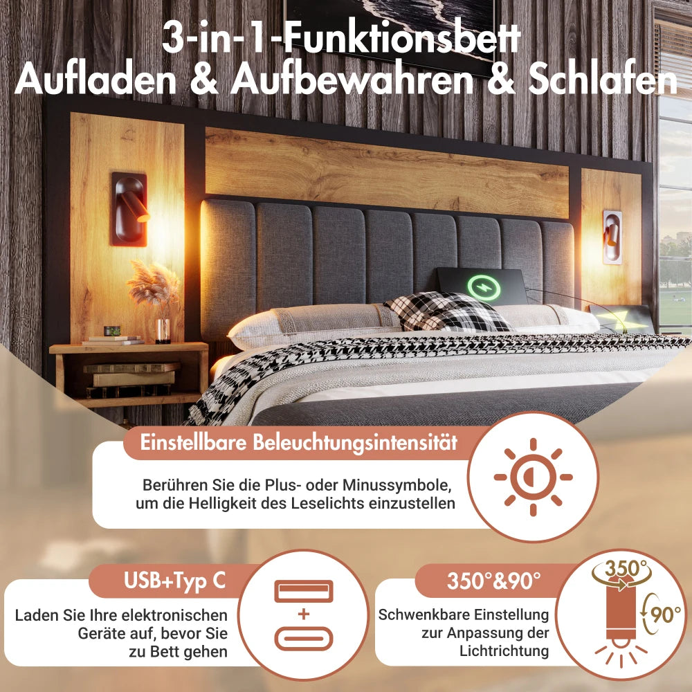 Bed with Upholstered Bed System with Reading Lamp and USB C Night Table and Seating Bench with Storage Space (without Mattress)