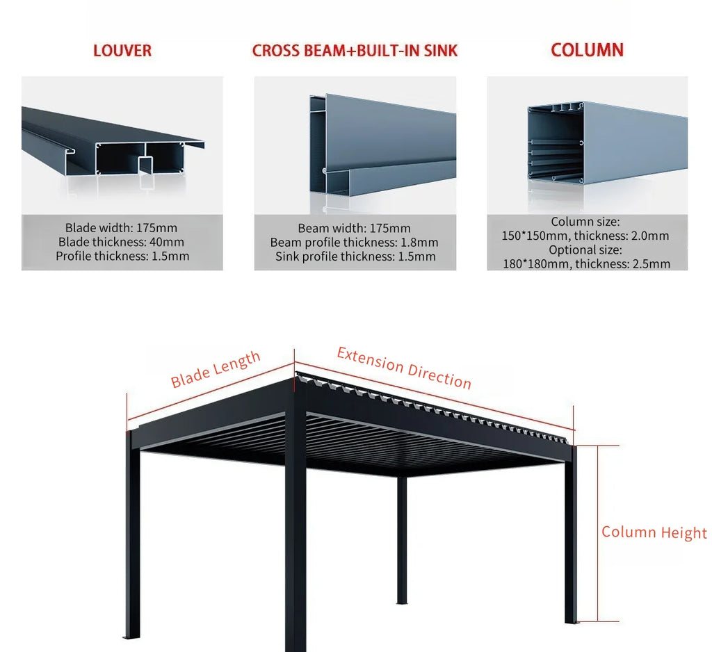 Modern Outdoor Waterproof Aluminum Louvered Sunroof Pergola Sun Shade Frame Electric Pergola Louvered Roof Aluminium Canopy