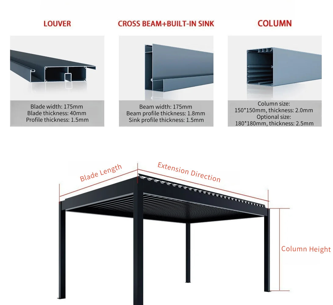 Modern Outdoor Waterproof Aluminum Louvered Sunroof Pergola Sun Shade Frame Electric Pergola Louvered Roof Aluminium Canopy