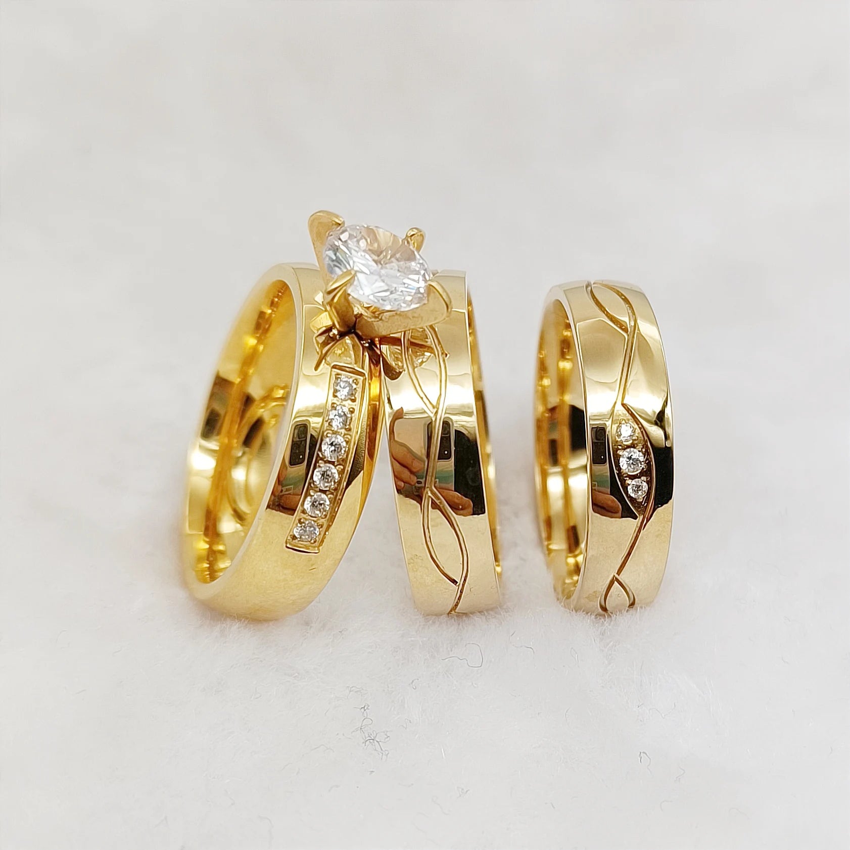 3pcs Matte Titanium Jewelry Italian Women 24k Gold Plated Ring Cz Diamond Ring Marriage Wedding Proposals Bridal Sets Couples
