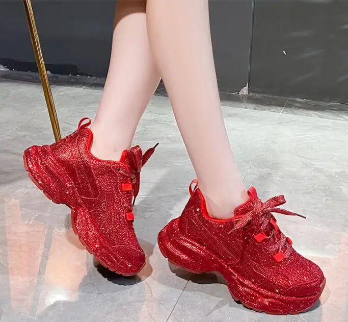 Luxury Women Bling Running Shoes Chunky Sneakers Fashion Casual Genuine Leather Breathable Height Increased Flat Platform Shoe