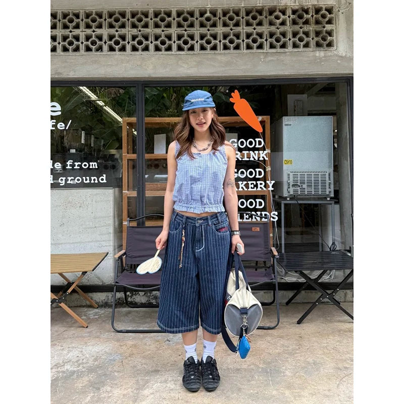 Harajuku Y2k Women's Light Blue Calf Length Cargo Jeans Baggy Denim Trousers Japanese 2000s Oversize Jean Pants Vintage Clothes
