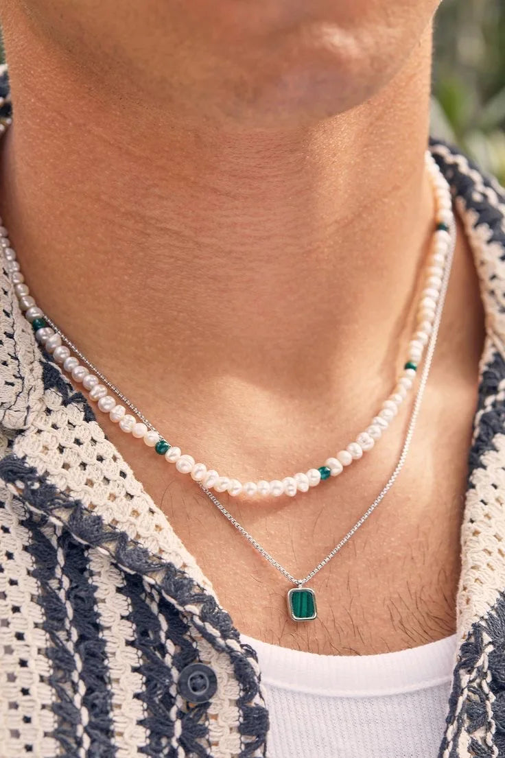 2PCS Fashion Trend Turquoise Pendant Men's Beaded Stainless Steel Necklace Casual Versatile Jewelry