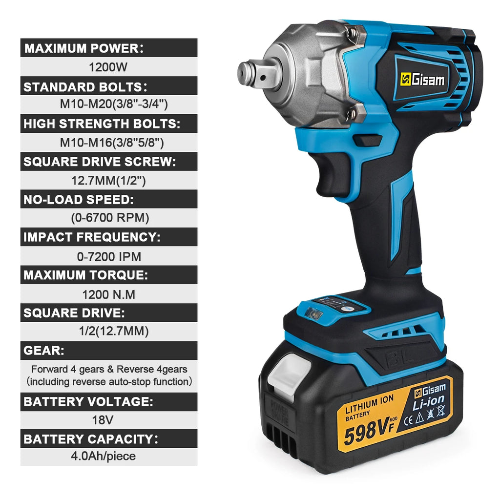 Gisam 1200N.M Torque Brushless Electric Impact Wrench 1/2 inch Cordless Wrench Screwdriver Power Tool For Makita 18V Battery Pin