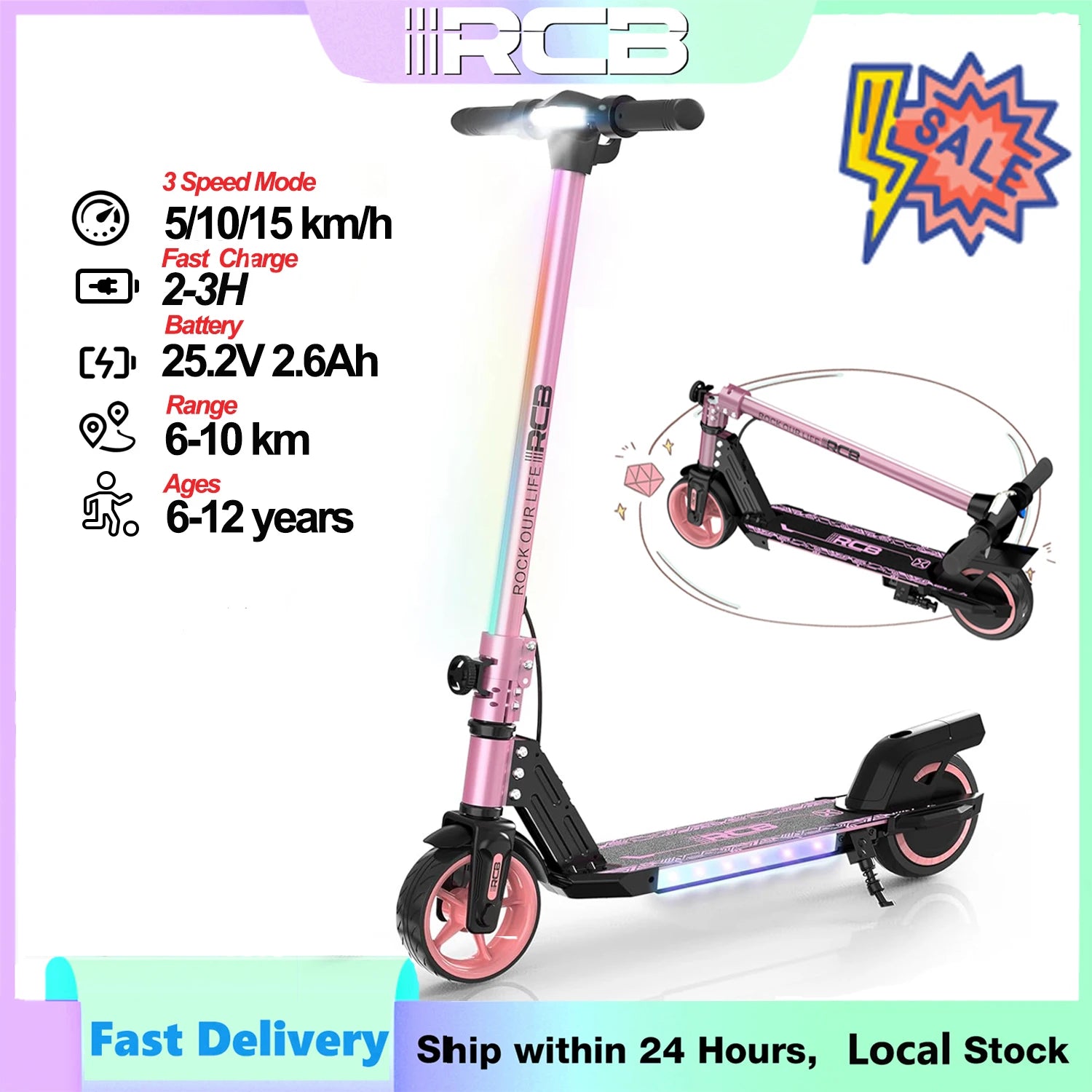 RCB R12 6-12 year old child electric scooting Lights RGB Non-zero start Double brake LCD screen 3-speed foldable
