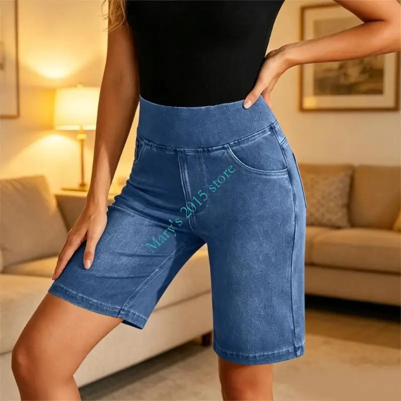 Women's Fit Stretch Jeans Shorts With Pockets Comfortable Casual High Waist Jeans Trousers Half Length For Daily Wear