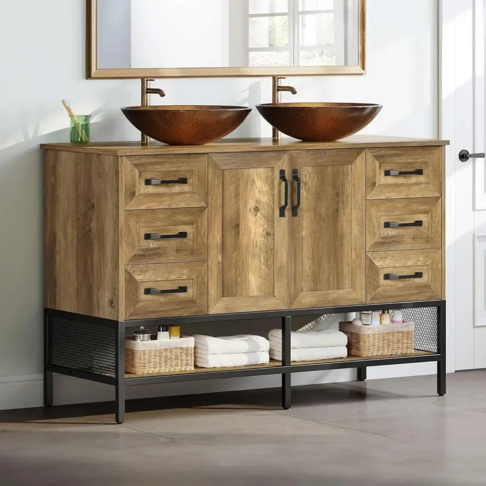 For 48" Double Bathroom Vanity, with Double Sink and Drawers Side Cabinet Combo Set & Shelf,Boat Tempered Glass Vessel Sink