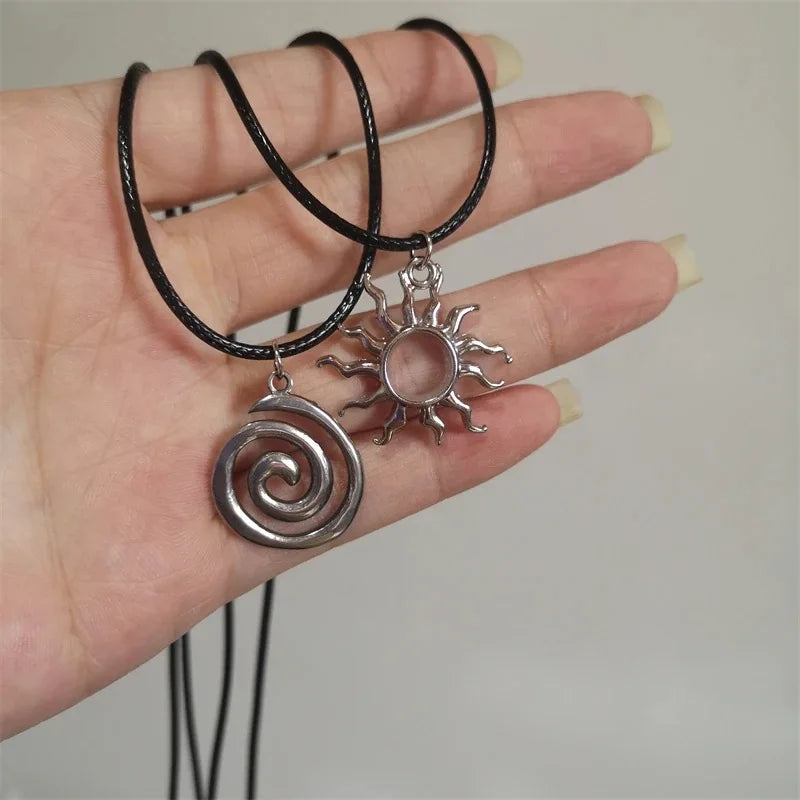 Y2K Spiral Vortex Pendant Necklace for Women Men Vintage Hand-woven Leather Rope Chain Necklace Grunge Jewelry Accessories