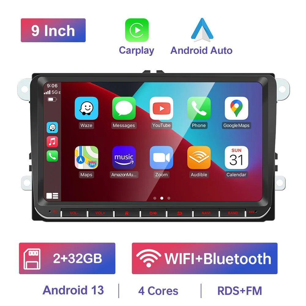 GEARELEC 9 "Car Radio For VW Golf Passat B6 B7 Skodas sat Octavia Polo Tiguan 2 Din wireless Android 13 CarPlay Android RDS Auto DSP BT 4G GPS Car Multimedia Player For Volkswagen