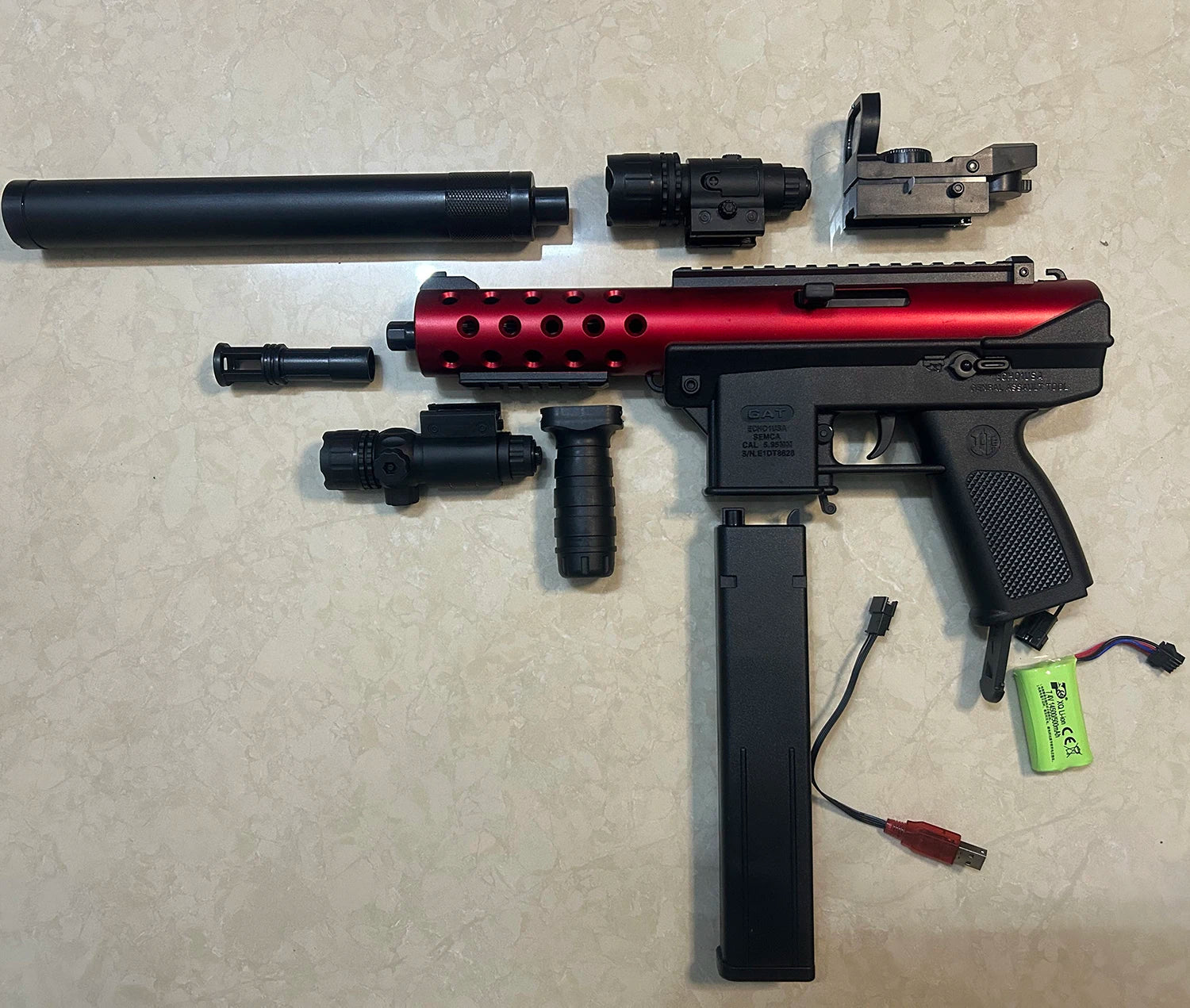 2026 New Product Tec9 Toy Gun with Infrared Flashlight, Red Dot Accessories, Manual and Electric Integrated, Three Colors Available, New Year Gift for Boys, Hot-Selling 7.4V Charging Set
