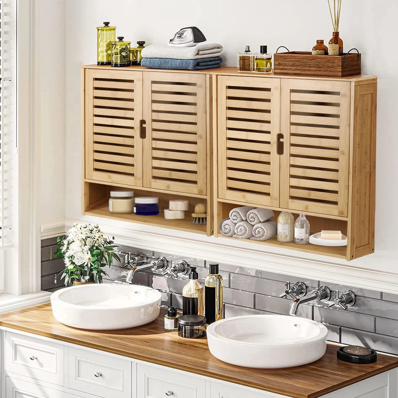 Meuble de Rangement Mural pour Salle de Bain Étagère de Rangement en Bambou Armoire à Pharmacie