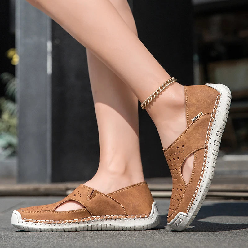 Unisex Sandals Hand Sewn Leather Hollow Out Outdoor Casual Shoes Comfortable Soft Summer Fashion Street Walking Shoes Women