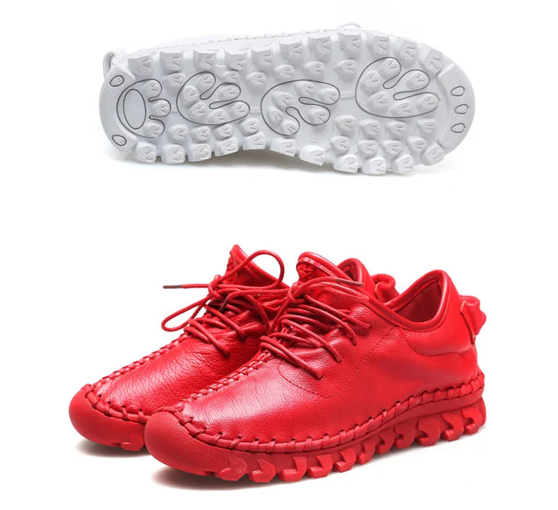 Handmade Genuine Leather Women Shoes Fashion Casual Sneakers Retro Flats Ladies Lacing Loafers Breathable Vulcanized Shoes
