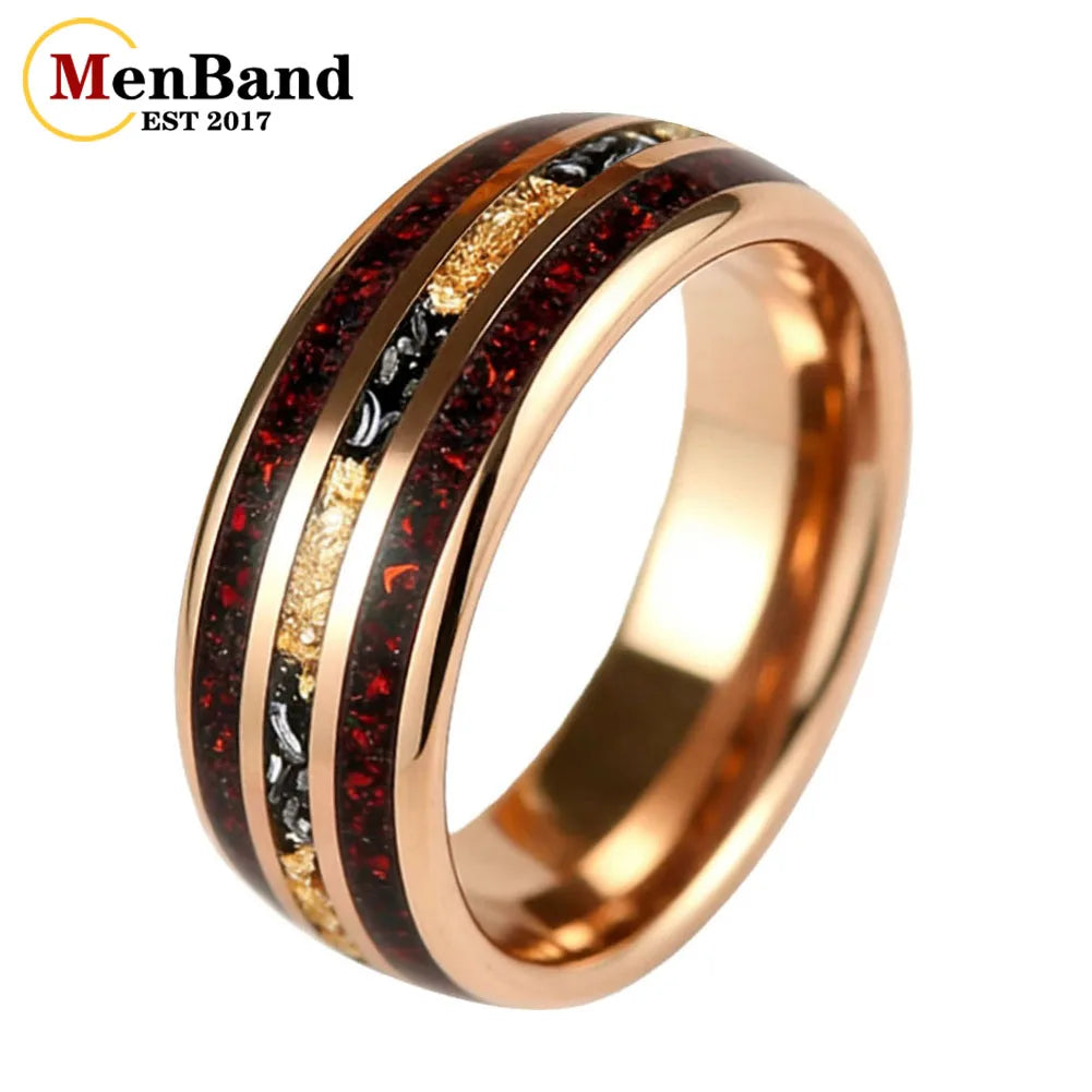 MenBand 6MM 8MM Men and Women Marriage Tungsten Ring Inlaid Red Opal and Meteorite Gold Foil，Couple's Ring, Promise Ring