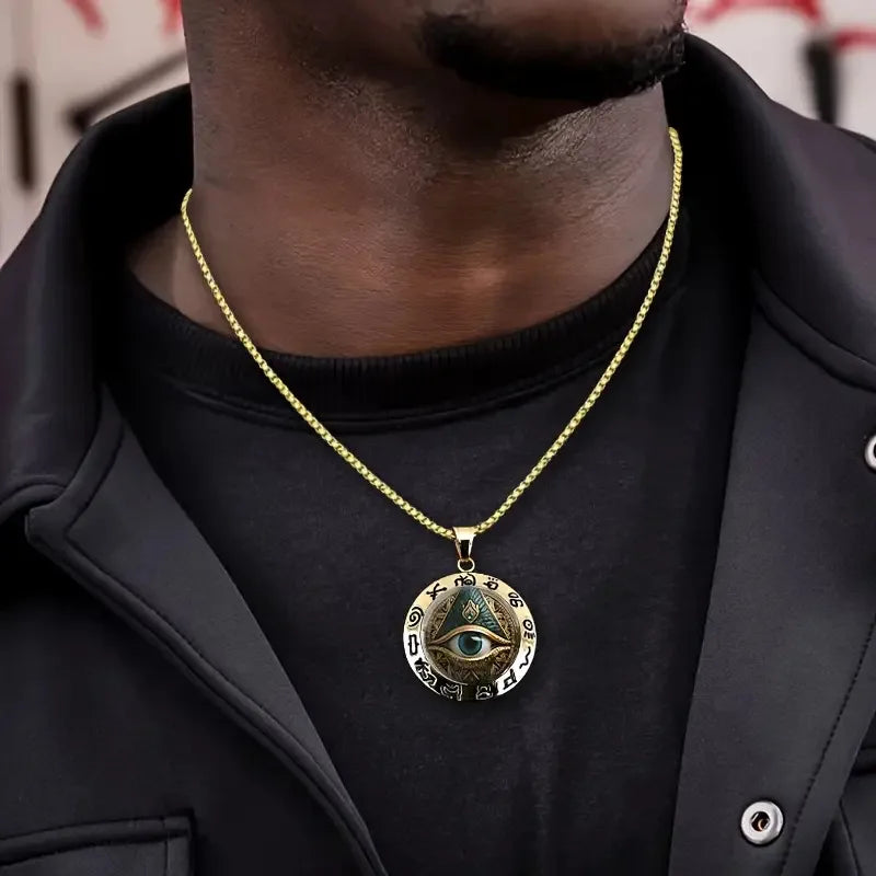 Ancient Egyptian Talisman: Eye Pattern Glass & Hieroglyphic Zinc Alloy Pendant, Artifact-Style Statement Necklace.