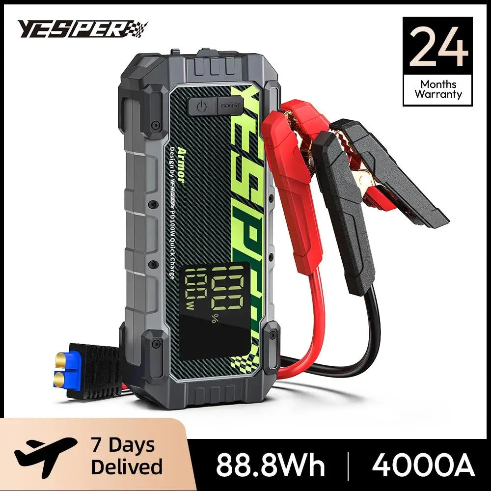 Démarreur de batterie de voiture YESPER 4000A – Démarreur 12V 24000mAh, batterie externe portable pour moteurs essence et diesel 10L, démarrage d'urgence automatique