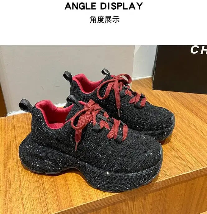 Luxury Women Bling Running Shoes Chunky Sneakers Fashion Casual Genuine Leather Breathable Height Increased Flat Platform Shoe