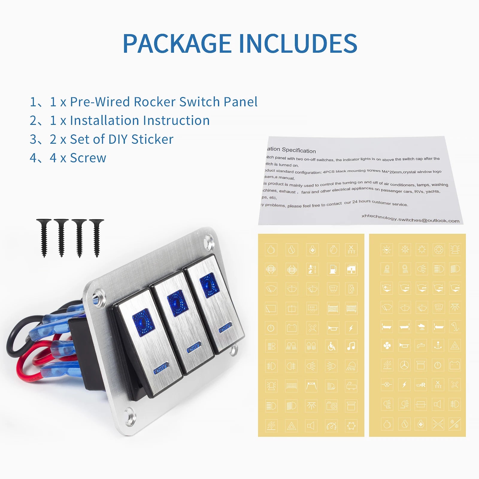 Durable metal 2-8Gang rocker switch panel with LED light, waterproof and overload protection for car card, vehicle and vessel