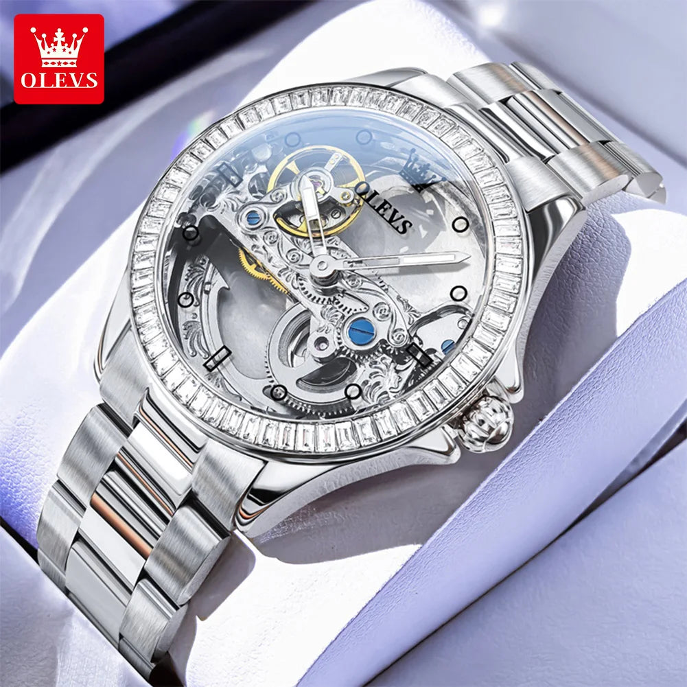 OLEVS Fully Hollowed Watches for Women Automatic Mechanical Women's Watches Luxury Stainless Steel Diamond Inlay Wristwatch 6699
