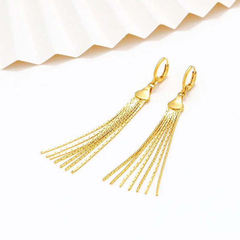 Luxury 24K 9999 Pure Gold real gold Long multi-line tassel earrings women elegant temperament golden earrings