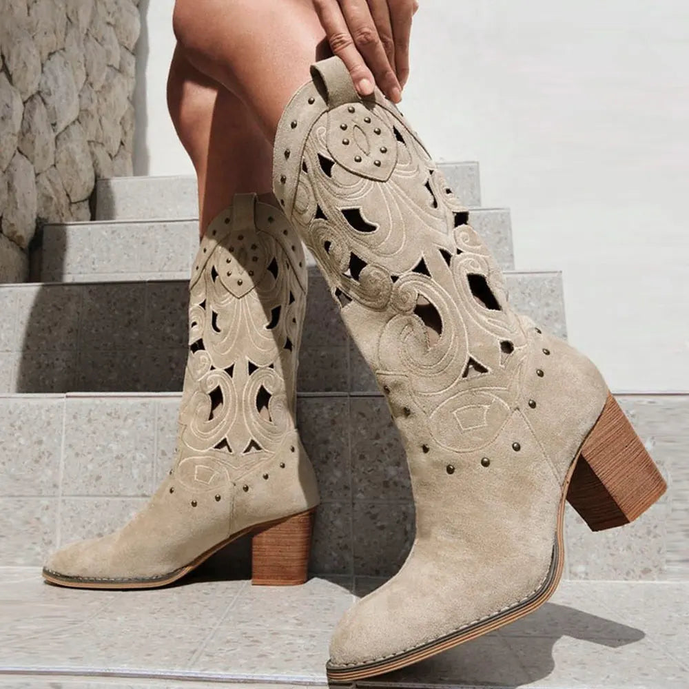 2026 Women's Summer Retro Round Toe Chunky Heels Vegan Suede Western Boots with Hollow Design and Rivets Cowboy Boots Shoes